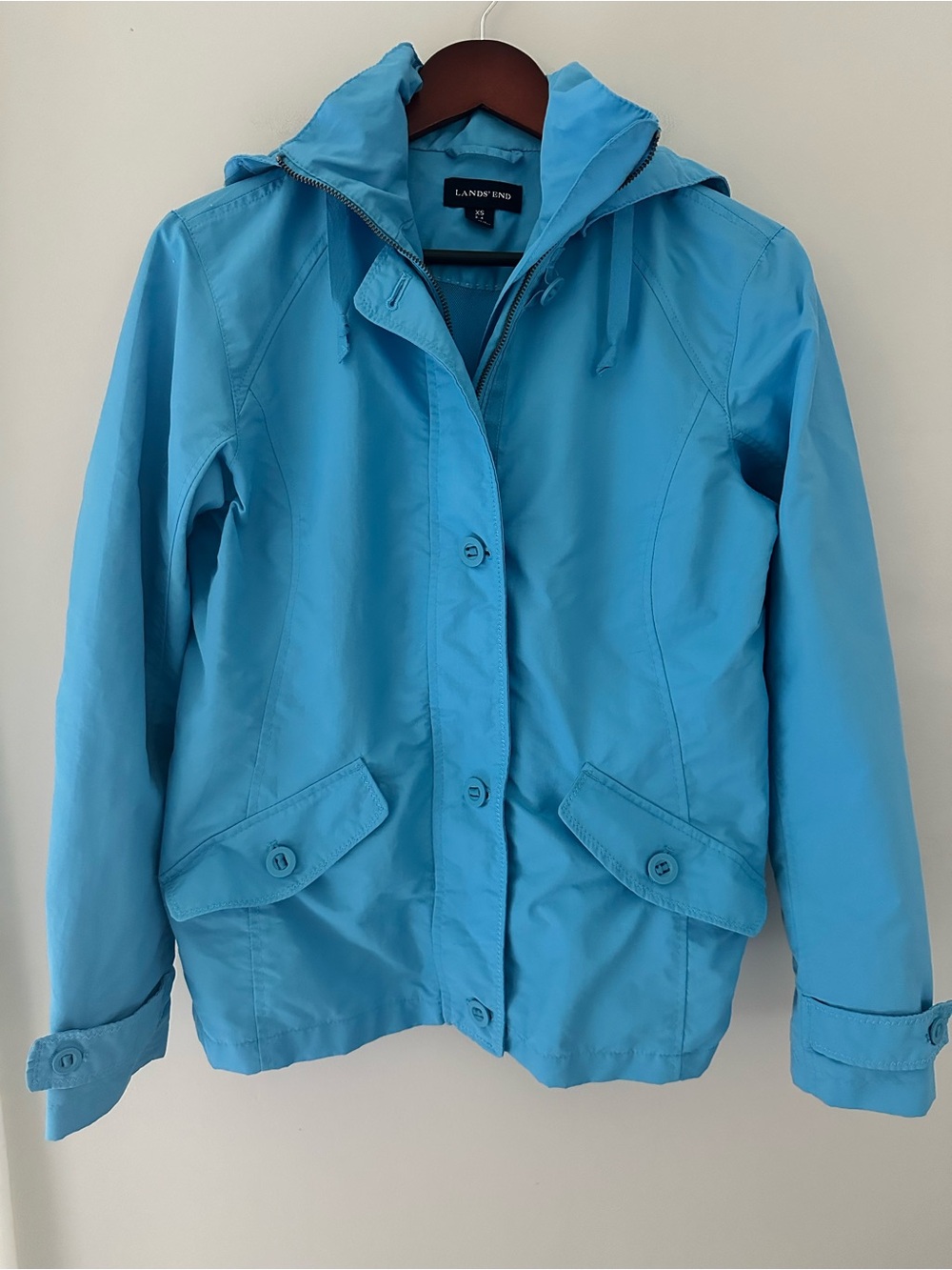 Lands' End Bright Blue Hooded Coastal Raincoat Windbreaker Light Jacket